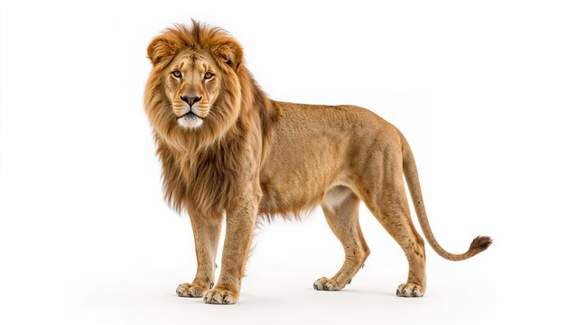 Fototapeta Mature lion positioned before a solid white surface