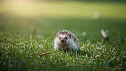 Fototapeta premium Erinaceus roumanicus hedgehog enjoying the sun on fresh green grass