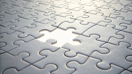 Close-up of white jigsaw puzzle with one missing piece