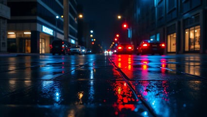 Blue and red reflections on wet pavement at night, evoking a dramatic and cinematic urban mood.