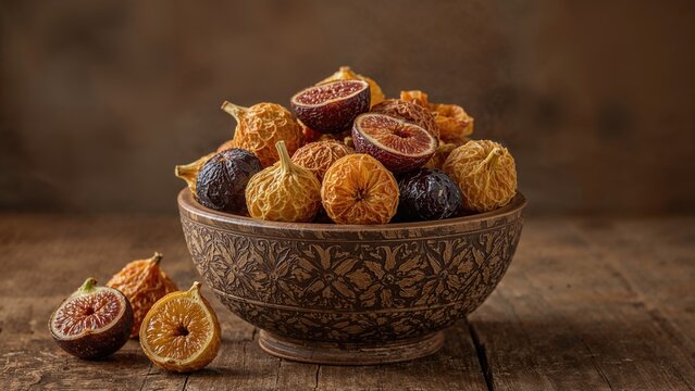 Bowl filled with various dried fruits on aged wooden table, selective focus shot