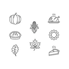 Thanksgiving holiday line icons set, autumn harvest symbols, decorative collection of festive elements