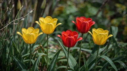 Vibrant lily-shaped tulips with red and yellow hues flourishing in an April garden