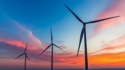 Fototapeta premium Silhouette of wind turbines at sunset.