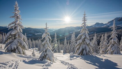 Magnificent mountain landscape with snow-laden pines glowing under soft morning light.