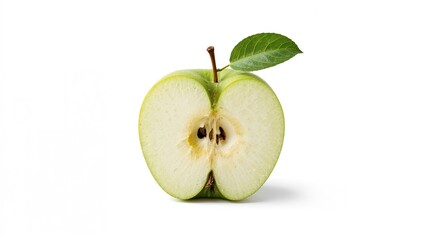 Green apple segment with a leafy stem displayed on a white surface.