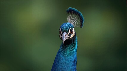 Naklejka premium Detailed portrait of a male peacock showcasing its colorful feathers while dancing