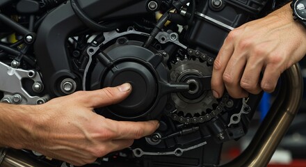 Motorcycle Engine Repair: Mechanic's Hands Working on the Timing Chain and Crankcase Cover of a Black Motorcycle in a Workshop