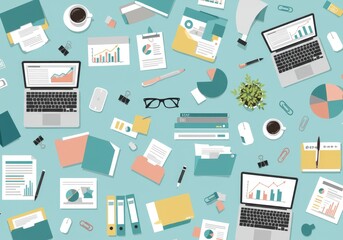 Creative Flat Lay Workspace Arrangement with Business Data Analysis