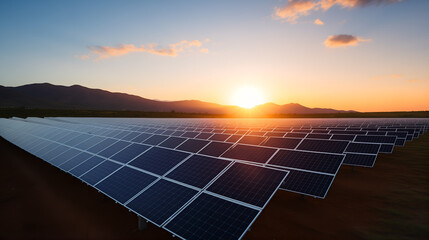 Golden Hour View of Solar Farm with Rows of Solar Panels against Sunset, Sunset Solar Farm, Renewable Energy, Sustainable Energy, Clean Energy