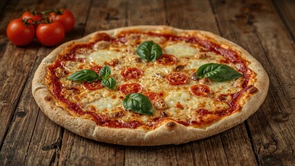 Artisan Four Cheese Pizza Garnished with Tomatoes and Basil Set on Wooden Board