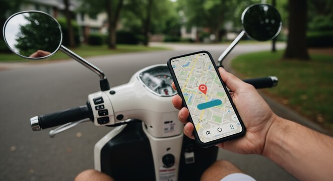 Close-up of a hand holding a smartphone with a map application while riding a white scooter on a suburban road, GPS navigation concept