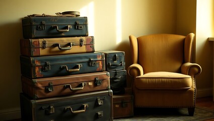 A stack of vintage suitcases next to a yellow armchair in a softly lit room corner with warm tones