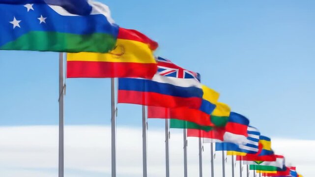 Multinational flags waving harmoniously against a clear blue sky