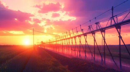 Irrigation system at sunset over a field.