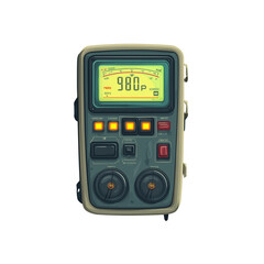 Fototapeta premium Digital multimeter with glowing screen and buttons, showing reading of 980P, designed in cartoon style with detailed knobs and switches for electrical measurements
