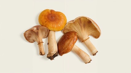 Assortment of russula mushrooms presented against a white background