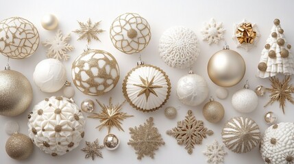 Fototapeta premium Elegant Christmas Ornaments in Gold and White Colors, Celebrating Joy and Holiday Spirit