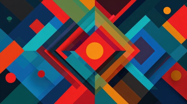 Colorful geometric art with intersecting rectangles, squares, circles and triangles