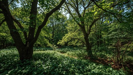 Obraz premium Sun-drenched verdant leaves with pronounced shadows in a thriving garden landscape during summer.