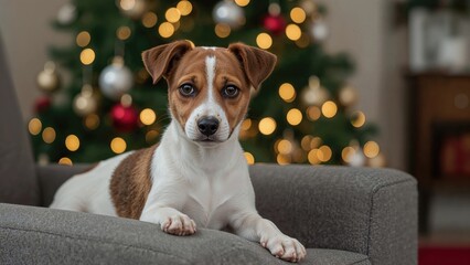 Adorable young dog resting on a couch beside a lit-up Christmas tree, warm holiday vibes, close-up shot with room for message.