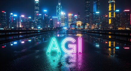 Agi neon sign reflects in wet street with futuristic city skyline at night