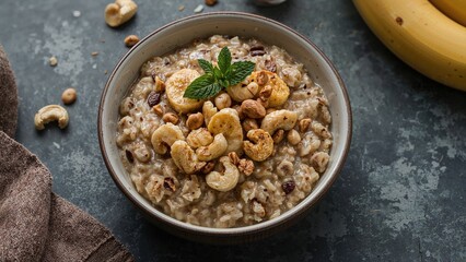 Steamed grain dish adorned with fried bananas, cashew nuts, and fresh mint to enjoy at breakfast.