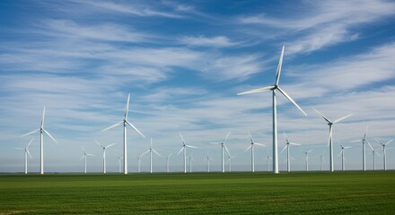 Wind turbines stand tall in a green field under a blue streaked sky