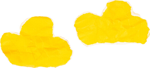 Crumpled yellow paper clouds isolated on white background for creative projects and artistic designs, kids art and craft DIY project idea