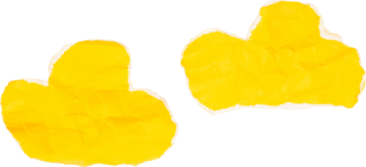 Crumpled yellow paper clouds isolated on white background for creative projects and artistic designs, kids art and craft DIY project idea
