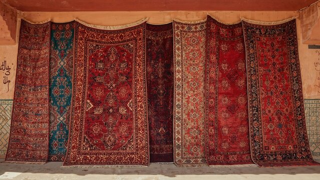 Mohair fiber carpets displayed on walls in a bustling bazaar