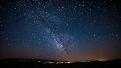 Fototapeta premium Evening panorama featuring a dark blue sky, sparkling stars, illuminated yellow urban lights, and the radiant Milky Way galaxy.