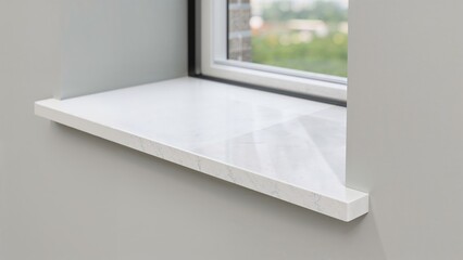 White conglomerate window sill newly placed indoors on a gray wall surface.