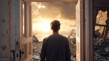 Man opening door of damaged house and watching sunrise outside, calm expression, realistic warm tones