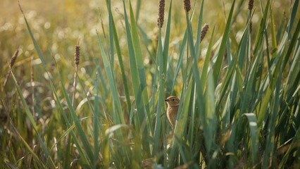 Fototapeta premium Wildlife snapshot of a bird blending into bulrushes, colorful natural environment in spring and summer