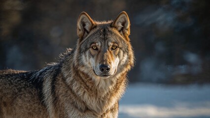 Fototapeta premium Hunt, follow, and chase. Top predator of the wilderness. Mature Gray Wolf (Canis lupus). Morning light in a snowy environment. Bright yellow eyes. Photographed in controlled environment