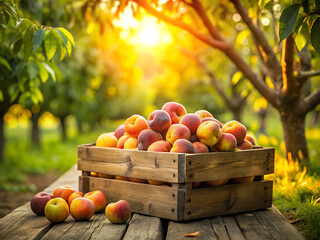 Fresh ripe peaches in wooden crate on table in garden at sunset, healthy food