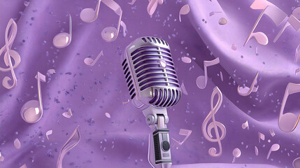 Illustration of vintage microphone with abstract purple music notes falling on dark background