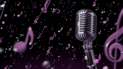 Illustration of vintage microphone with abstract purple music notes falling on dark background