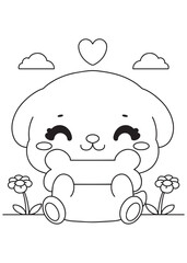 Coloring book laughing puppy with heart.