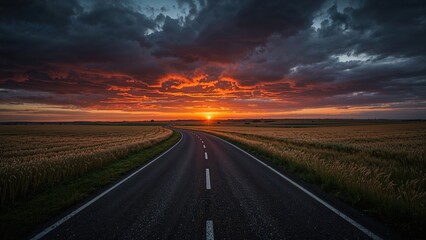 Stunning scene of a paved highway set against a fiery sunset sky. The route winds through golden wheat fields and open grasslands. Gorgeous sunset lighting the distant horizon.