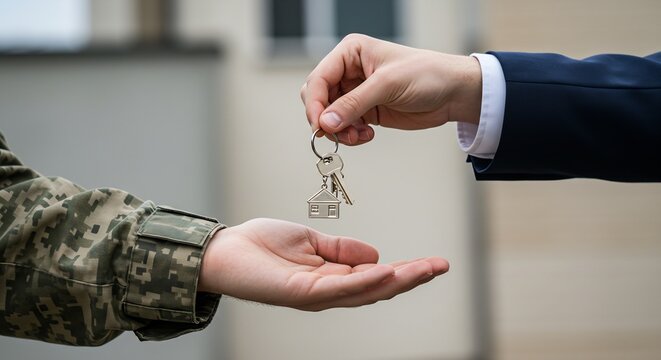 Handing Over House Keys to a Military Personnel, Homeownership, Real Estate, Housing, Property, Purchase Concept