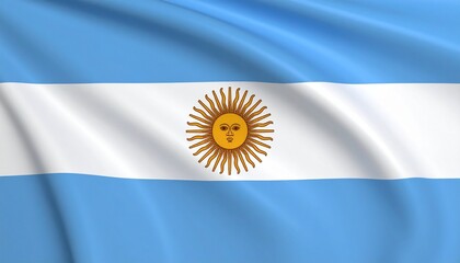 Argentine flag with three horizontal bands of light blue, white, and light blue, featuring a centered yellow Sun of May with a face, symbolizing independence and national pride