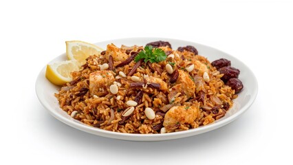 Isolated fish kabsa served as a flavorful iftar meal during Ramadan and Eid festivities, presented on a white surface