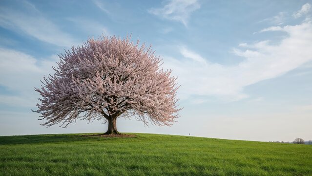 Blooming cherry blossoms adorn the trees in a grassy area on a spring day with a blue and cloudy sky.