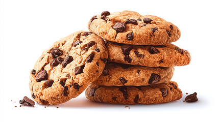 Stack of chocolate chip cookies on white background