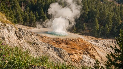 Steam billows from a natural geyser in a geothermal area.