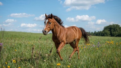 Energetic foal trotting across a bright summer pasture