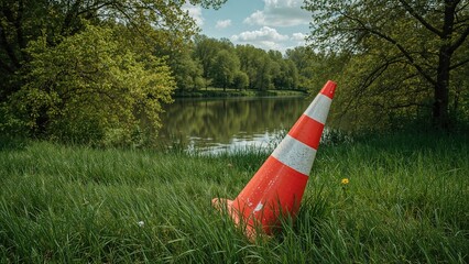 A forgotten traffic cone surrounded by vibrant grass and trees during the warm season