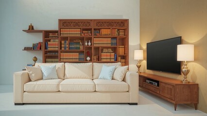 Modern family room setup including couch, bookshelf, entertainment system, and lamps in flat illustration style